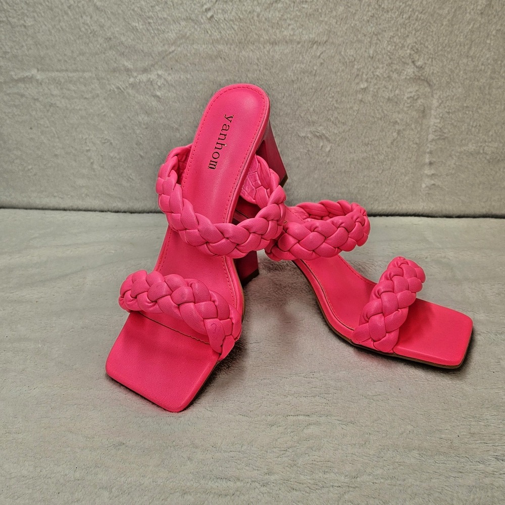 Womens Braided Block Heel Mules Size 39 Pink Square Toe Slip On Sandals